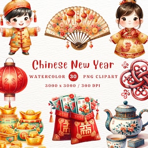 Clipart del capodanno cinese, clipart festivo cinese, capodanno cinese, clipart PNG, cartoni animati per bambini cinesi, clipart acquerello, PNG trasparente