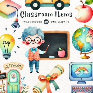 May include: A set of 30 watercolor classroom clipart images. The images include a globe, a chalkboard, a lightbulb, a teacher, a diploma, a computer, a welcome sign, a classroom door, and an apple. The images are perfect for teachers, educators, and parents who want to add a touch of whimsy to their classroom decor.