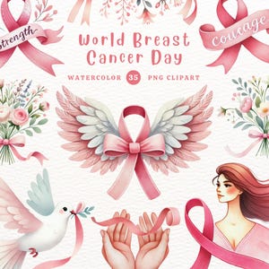 Clipart del Día Mundial contra el Cáncer de Mama, Día contra el Cáncer de Mama, Mujer Fuerte, Regalo DIY, Clipart de Acuarela, Clipart para Niña, Clipart Lindo