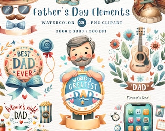 Father’s Day Elements, Father’s Day, Father PNG, Dad PNG, Father Gift, Gift for Dad, Watercolor Clipart, Clipart PNG, Transparent Clipart