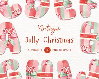 Vintage Jolly Christmas Alphabet Clipart: Festive Watercolor Letter PNG
