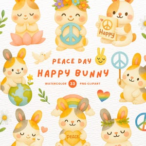 Dag van de vrede konijntje clipart, konijntje clipart, vredesdag png, cadeau voor vriend, aquarel clipart, clipart png, transparante clipart