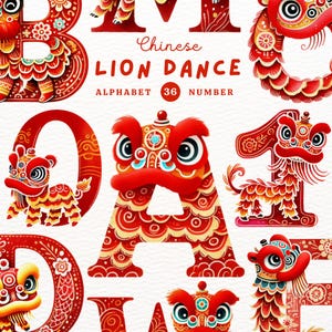 Alfabeto chinês de dança do leão, alfabeto de dança do leão, ano novo chinês, clipart de alfabeto, alfabeto de rabiscos, clipart de aquarela, presente para amigos