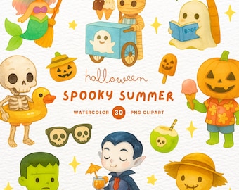 Spooky Summer Clipart, Spooky Character Clipart, Cute Ghost PNG, Summerween Clipart, Gift for Friend, Watercolor Clipart, Clipart PNG