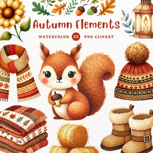 Imágenes prediseñadas de elementos de otoño, PNG de otoño, decoraciones de otoño, lindo tema de otoño, regalo DIY, imágenes prediseñadas de acuarela, imágenes prediseñadas para niños, imágenes prediseñadas lindas