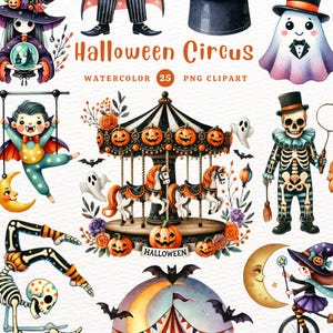 Halloween circus clipart, spooky circus, Halloween DIY, Halloween aquarel, DIY cadeau, aquarel clipart, clipart voor kinderen, schattige clipart