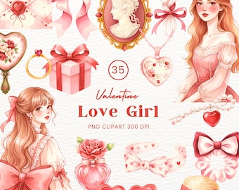 May include: Watercolor digital clipart set featuring Valentine's Day themed illustrations. Includes bows, a cameo, a heart-shaped pendant, a gift box, a ring, a perfume bottle, heart-shaped sunglasses, a hat, and two illustrations of women. The text "Valentine Love Girl" is also present.