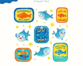 Conjunto de imágenes prediseñadas de lata de sardinas: pez acuarela kawaii (archivo PNG, 300 DPI)
