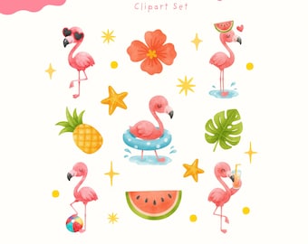 Watercolor Flamingo Clipart Set: Kawaii Tropical PNG (300 DPI)