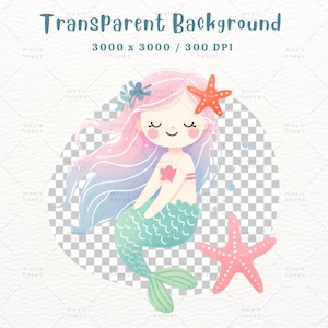 May include: A watercolor illustration of a mermaid with pink and blue hair, a green tail, and a red starfish on her head. The mermaid is smiling and has her eyes closed. The background is a transparent checkered pattern.