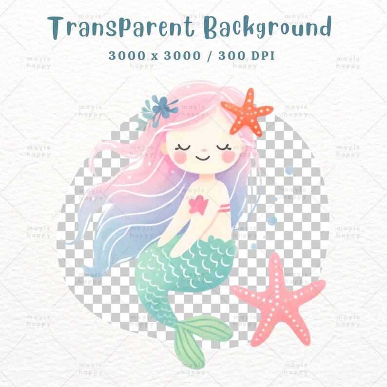 May include: A watercolor illustration of a mermaid with pink and blue hair, a green tail, and a red starfish on her head. The mermaid is smiling and has her eyes closed. The background is a transparent checkered pattern.