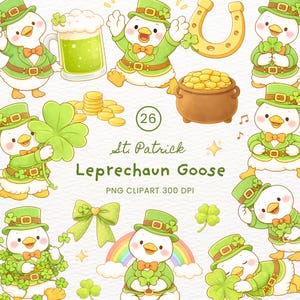 Puede incluir: Ilustración digital con temática del Día de San Patricio. La imagen presenta gansos de dibujos animados vestidos de duendes, tréboles, una olla de oro, una herradura y un arcoíris. El texto dice "St. Patrick Leprechaun Goose".