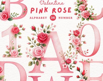 Valentine Pink Rose Alphabet Clipart: Watercolor Doodle Font (PNG)
