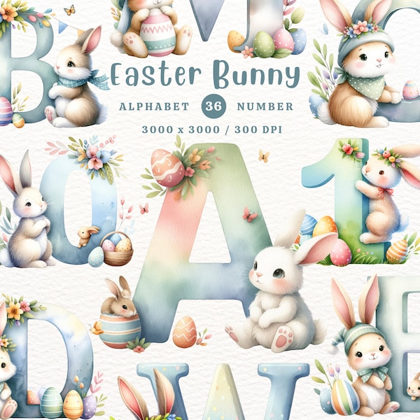 Easter Bunny Alphabet, Easter clipart, Bunny PNG, Alphabet Clipart PNG, Doodle alphabet, Watercolor Clipart, Transparent PNG