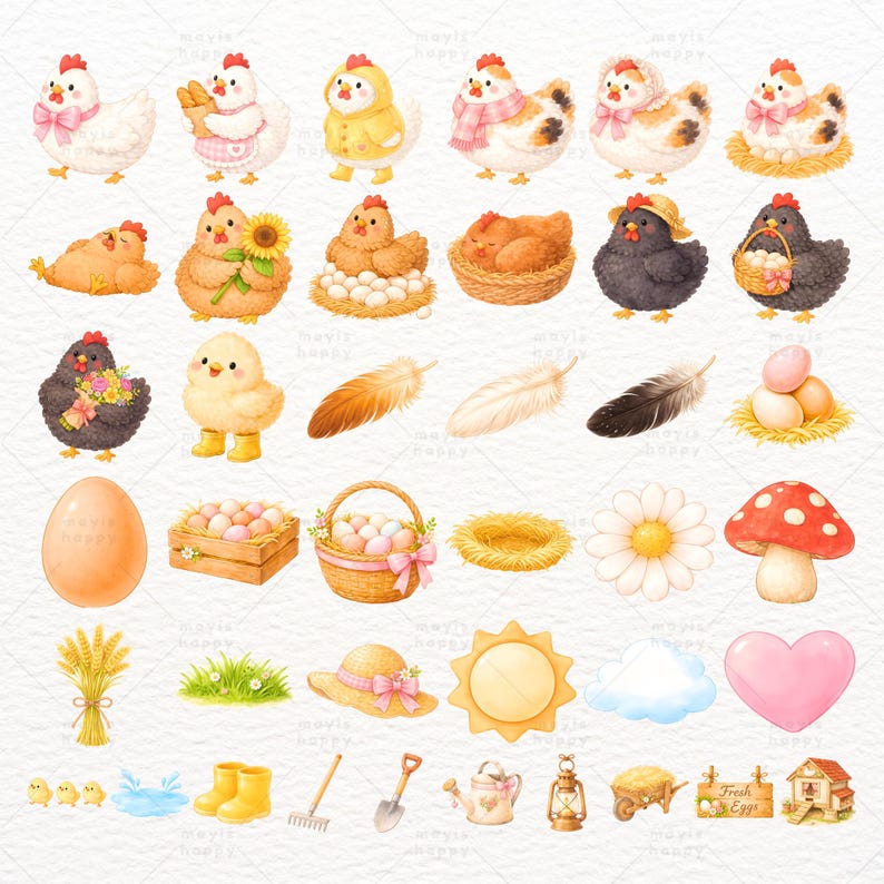 Happy Chicken Farm Clipart Bundle: Cottagecore Watercolor PNG - Etsy