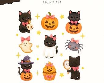 Conjunto de imágenes prediseñadas de gato negro de Halloween: Acuarela kawaii PNG (300 DPI)