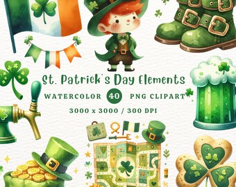 St. Patrick's Day, St. Patrick's Day PNG, St. Patrick's Day Gift, Watercolor Clipart, Gift for kids, Clipart PNG, Transparent PNG