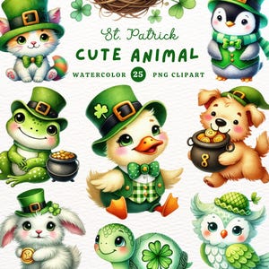 Op de afbeelding: Een set van 25 St. Patrick's Day-thema aquarel clipart afbeeldingen met schattige dieren die groene hoeden en klavertjevier-decoraties dragen. De dieren omvatten een kat, een kikker, een eend, een hond, een schildpad, een uil en een konijn.