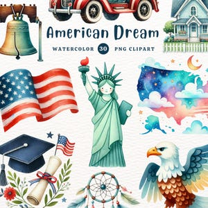 American Dream Clipart, American Dream PNG, EUA, Liberty, Presente DIY, Clipart de aquarela, Clipart transparente, Clipart fofo