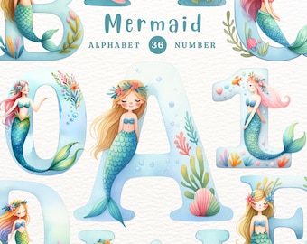 Meerjungfrau Alphabet Clipart: Aquarell Doodle PNG (Digital Download)