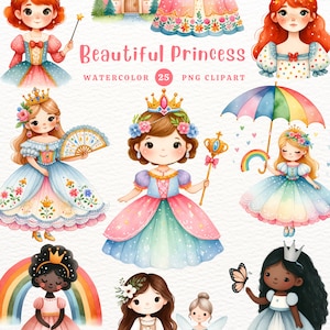 Watercolor Princess Clipart: 25 PNG Illustrations (Digital Download)
