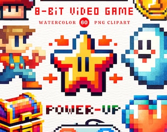 8-Bit Video Game Clipart: Watercolor PNG Digital Download