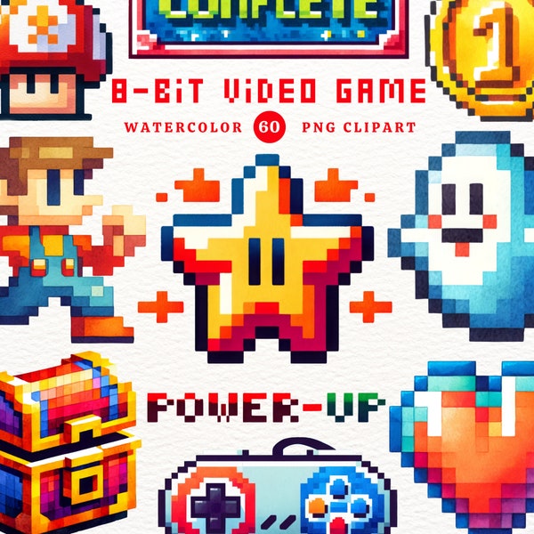 8-bit Video Game, Video Game, Game PNG, Game Clipart, Retro Game, Gift for kids, Watercolor Clipart, Clipart PNG, Transparent Clipart