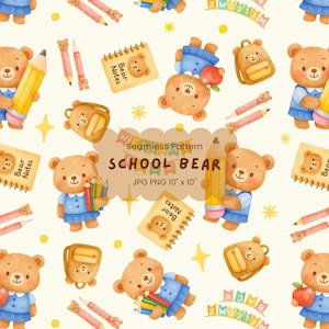 Patrón sin costuras de oso para el regreso a clases, patrón de oso lindo, patrón de oso estudiante, patrón de tela, papel de regalo, patrón PNG JPG