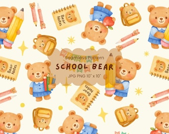 Back to School Bear Seamless Pattern, Cute Bear Pattern, Bear Student Pattern, Fabric Pattern, Gift Wrapping Paper, Pattern PNG JPG