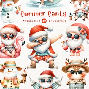 Papai Noel de verão, Natal em julho, Papai Noel PNG, Papai Noel, Boneco de neve, Rena, Clipart de aquarela, Clipart PNG, Clipart transparente