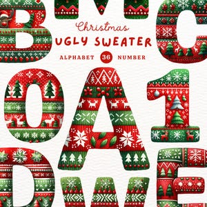Maglione brutto di Natale, alfabeto di Natale, maglione brutto PNG, clipart alfabeto, alfabeto scarabocchiato, clipart acquerello, regalo per gli amici