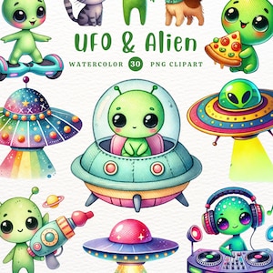 Imágenes prediseñadas de ovnis, extraterrestre PNG, tema de planeta, galaxia, espacio exterior, imágenes prediseñadas, regalo de bricolaje, imágenes prediseñadas de acuarela, imágenes prediseñadas para niños, imágenes prediseñadas lindas