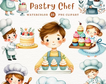 Watercolor Pastry Chef Clipart: 25 PNG Bakery Illustrations (Digital Download)