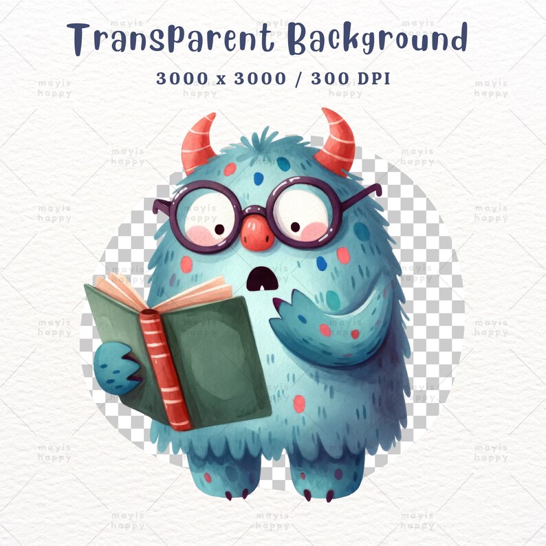 May include: A blue monster with red horns and glasses is reading a book. The monster has a surprised expression on its face. The background is transparent.