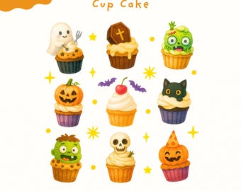 Kawaii Halloween Cupcake Clipart Set: Watercolor PNG (300 DPI)