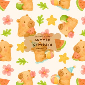 Könnte beinhalten: Ein nahtloses Muster mit Aquarellillustrationen von Wasserschweinen, die den Sommer genießen. Die Wasserschweine werden mit Wassermelone, Strandbällen und tropischen Getränken dargestellt. Das Design enthält den Text "Summer Capybara" und ist 25,4 cm x 25,4 cm groß.