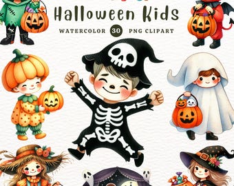 Könnte beinhalten: Ein Set mit 30 Aquarell-Clipart-Bildern von Halloween-Kindern. Die Bilder zeigen Kinder in verschiedenen Halloween-Kostümen, darunter ein Skelett, ein Kürbis, eine Hexe, ein Geist und ein Teufel. Die Bilder sind perfekt zum Erstellen von Halloween-Karten, Einladungen und anderen Bastelarbeiten.