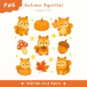 Könnte beinhalten: Ein digitales Clipart-Set mit Aquarellillustrationen von Herbst-Eichhörnchen, Kürbissen, Eicheln, Blättern und einem Pilz. Der Text enthält "Autumn Squirrel Clipart Set" und "DIGITAL FILE ONLY". Die Eichhörnchen sind in verschiedenen Posen dargestellt.