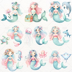 Cute Mermaid, Pastel Mermaid, Whimsical Mermaid, Mermaid PNG, Under the Sea, Watercolor Clipart, Clipart PNG, Transparent Clipart image 3