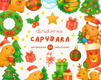 Christmas Capybara Clipart Set: Festive Kawaii Watercolor PNG