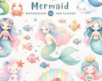 かわいい人魚の水彩イラスト、人魚の女の子の海の水彩画 png、かわいい