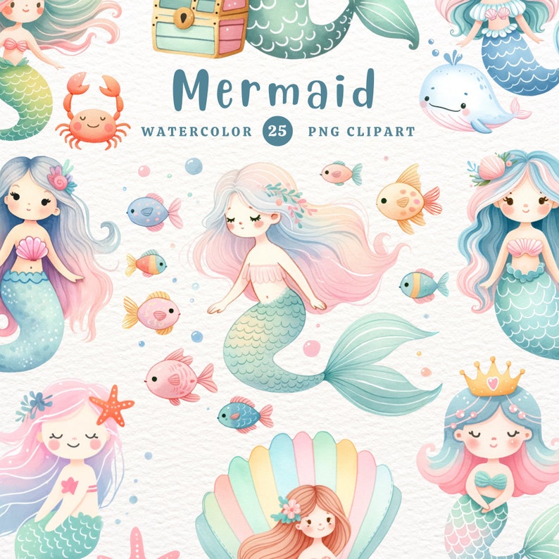 May include: A set of 25 watercolor illustrations featuring mermaids, sea creatures, and underwater objects. The illustrations are in a whimsical style with pastel colors and include a mermaid with a crown, a mermaid with a seashell, a mermaid with a flower crown, a crab, a whale, and various fish.