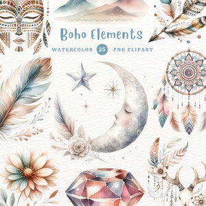 Éléments bohèmes, fleur Boho, aquarelle Boho, Clipart Boho, attrape-rêves, cadeau pour les filles, Clipart aquarelle, PNG, Clipart transparent
