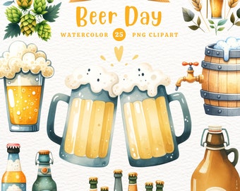 Watercolor Beer Clipart: Mugs, Bottles, Cans (PNG Digital Download)