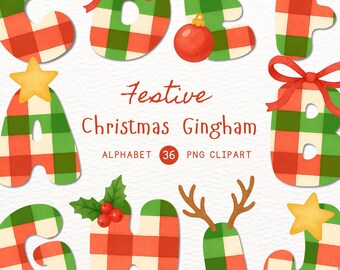 Christmas Gingham Alphabet Clipart: Festive Watercolor Letter PNG