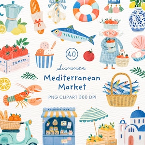 Mediterranean Market Clipart PNG Bundle: Coastal Summer Illustrations PNG