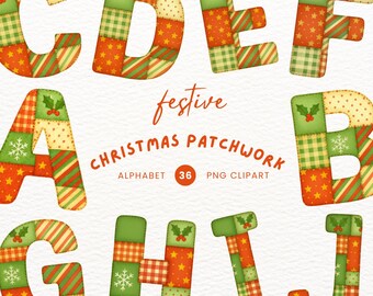 Clipart alphabet patchwork de Noël : lettre aquarelle festive PNG