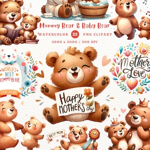Mama Bär, Baby Bär, Muttertag, Mama PNG, Bär PNG, Geschenk für Mama, Aquarell Clipart, Clipart PNG, Transparente Clipart