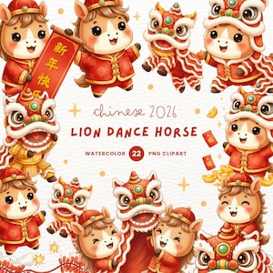 May include: Watercolor illustration featuring cartoon horses in traditional Chinese New Year attire. The image includes text that reads "Chinese 2026 Lion Dance Horse" and "Happy New Year". The horses are in red and gold outfits.