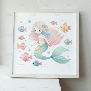 May include: A watercolor illustration of a mermaid with long pink and blue hair, a green tail, and a crown of flowers. The mermaid is surrounded by small, colorful fish and bubbles.